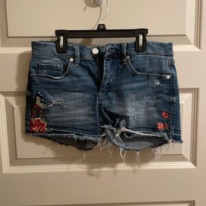 Blank NYC Blue and Red Jean Shorts with Embroidery